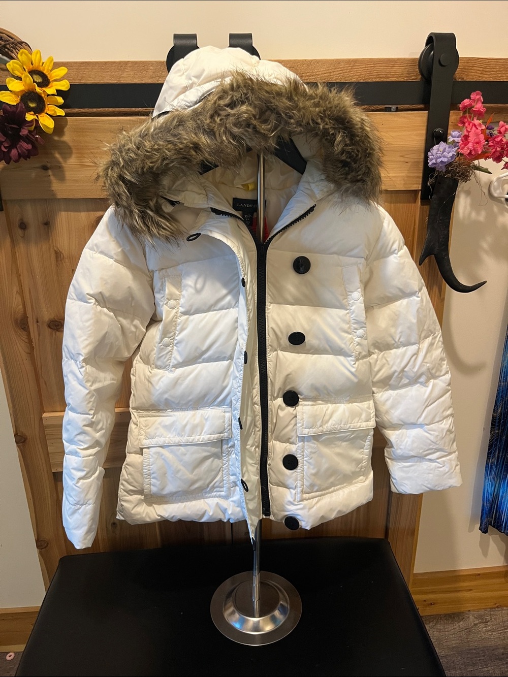 Lands' End White Puffer Jacket with Faux Fur Hood